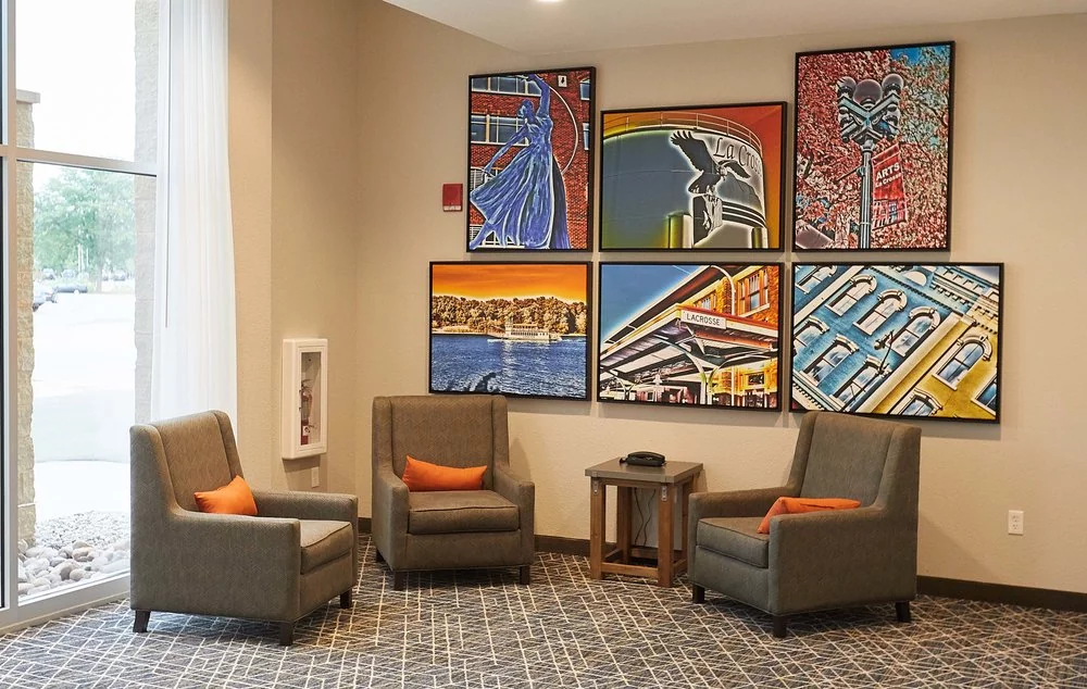 A fresh view of La Crosse, WI is depicted in our art throughout the hotel, featuring the sites and scenes of our area