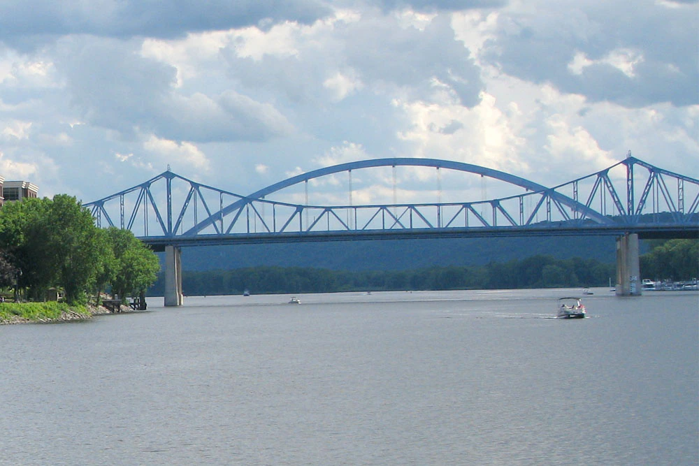 The blue bridges over the Mississippi River in La Crosse, Wisconsin.